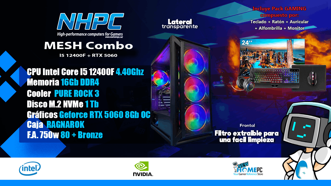 Combo PC Gaming NHPC Mesh - I5 12400F - 5060 - 16GB - 1TB - Monitor - Periféricos